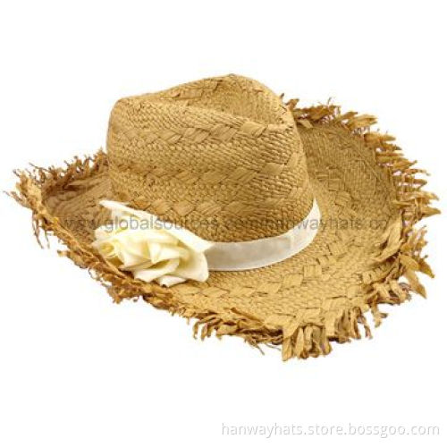 Crochet cowboy hat with tassel brim edge and white band, flower